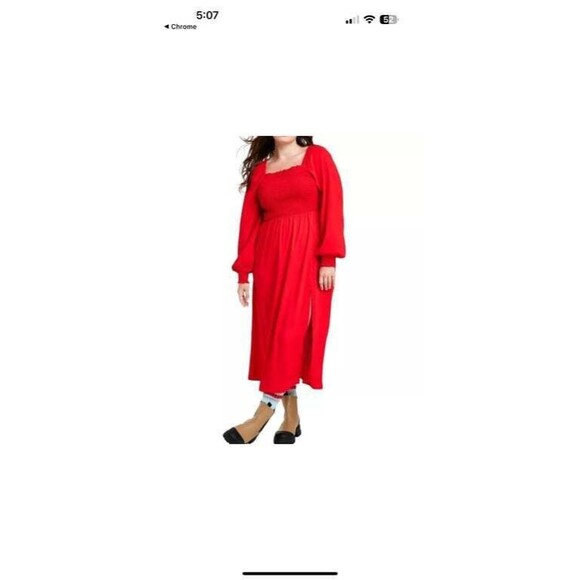 NWOT La‎ Ligne Size 3X Smoked Bodice Midi Dress Red Pockets Square Neck - Picture 1 of 10